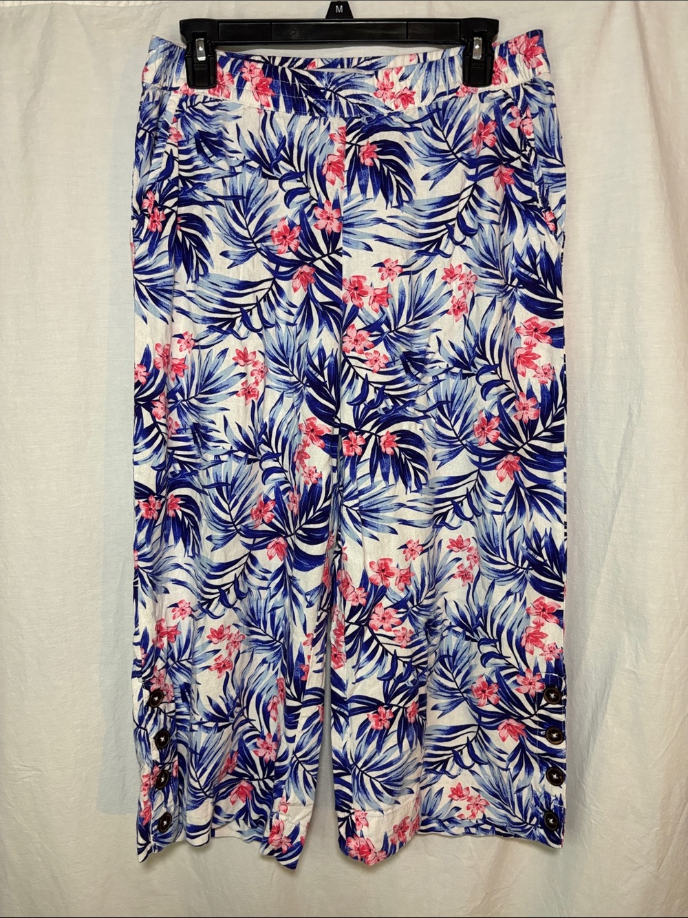 Tropical Beachy Floral Wide-Leg Linen & Rayon Pants in Blue & Pink